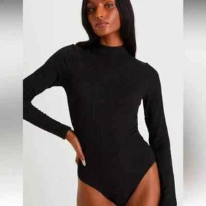 Lulus Wilde Black Ribbed Long Sleeve Mock Neck Bodysuit Size S - Picture 1 of 9
