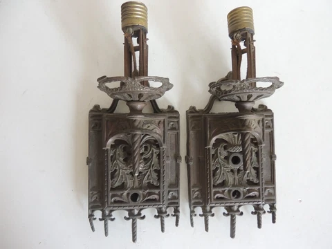 2 Antique BM Co Art Nouveau Gothic Tudor Ornate Brass Wall Sconce Light Fixtures Cover