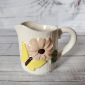 Vintage Butterfly Yellow and Pink Flower Ceramic Creamer Made In Japan 70s - Picture 1 of 6