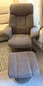 HARVEY Swivel Armchair w/ Footstool Set in Grey & Chrome, Tailormade Soft Fabric - Picture 1 of 18
