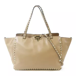 Valentino GHW Rockstud Large Shoulder Handbag 2 Way Calfskin Leather Beige - Picture 1 of 24