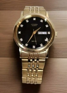 Citizen - Herren Quarz Swarovski Kristall Akzente schwarzes Zifferblatt goldfarbene Uhr - Bild 1 von 16