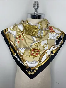 Equestrian Scarf Made Italy Black Gold Elblem Square 29 x 31 Classic Old Money - Picture 1 of 10