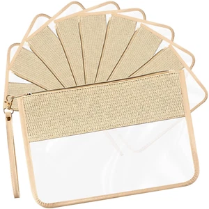9 Pcs Clear Straw Leather Makeup Bag Braid Clear Travel Makeup Bag PU Leather Po - Picture 1 of 7