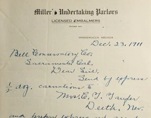1911 Winnemucca NV Miller's Undertaking Parlors Embalmers Letterhead Florist - Picture 1 of 2