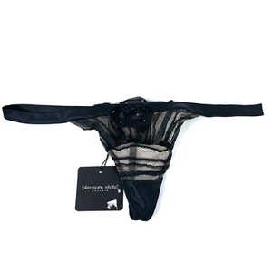 Pleasure State Mythica String Thong Size L Black Sheer Mesh Beaded Satin Bow New - Picture 1 of 7