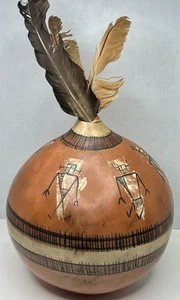 Vintage seltene indianische Keramik handgefertigt indigener Kürbis Samen Topf Vase - Bild 1 von 24
