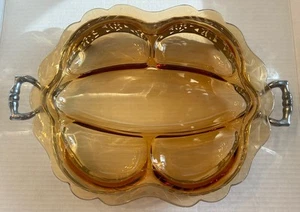 Cambridge Amber Glass Divided Relish Serving Dish Charcuterie with Serving Tray - Picture 1 of 15