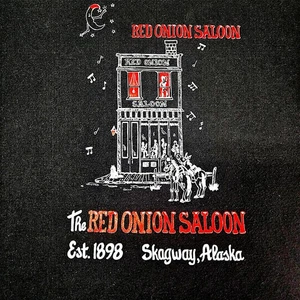 Camiseta negra roja cebolla salón Skagway Alaska Jerzees talla L camiseta gráfica vintage - Imagen 1 de 4
