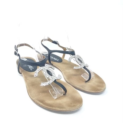 Chanel 39 Tanga Sandalias CC Logo Negro Cuero Plano Monograma Mujer Zapatos Foto 1 de 4