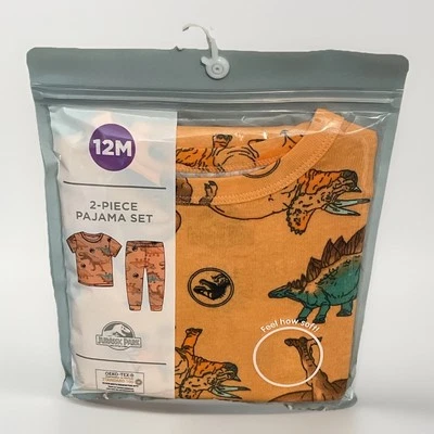 Jurassic Park Pajama Set Baby Boy 12M Orange Dinosaur 2Pc SS Top Pant NEW - Image 1 of 4