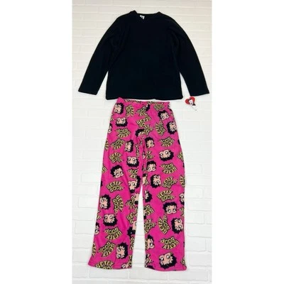 Betty Boop 2 Piece Womens Fleece Pajama Set Black Pink Size Medium - Image 1 of 4