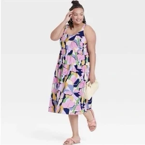 Ava Viv Tiered Babydoll Maxi Dress Size X Multicolor Artsy Abstract Boho Resort - Picture 1 of 13