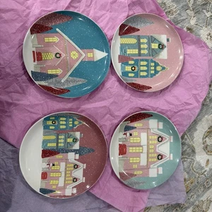 Set 4 Pier 1 Salad Plates 8” Dia Winter Christmas Houses Winter Snow Pink Putz - Picture 1 of 11