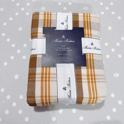 "Manta Brooks Brothers Cotton King 100 % algodón marrón, naranja, cuadros 108""x90""" Foto 1 de 3