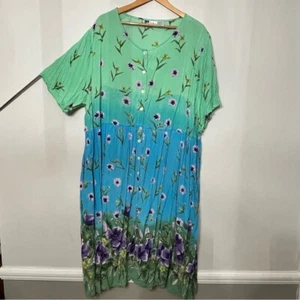 La Cera Kleid 4X blau Blumen Frühling Viskose Mumu Maxi Lounge Kaftan Knopfleiste Kunst - Bild 1 von 7