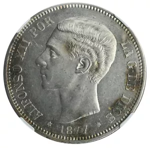 SPAGNA 5 Pesetas 1877(77) DE-M Argento NGC UNC 'Alfonso XII' - Foto 1 di 4
