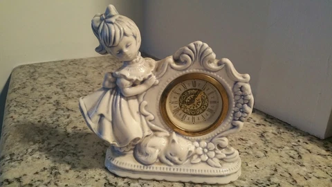 Clock Made in Germany Ceramic Girl and Sleeping Cat Vintage Not Working Size 7x6 Cover