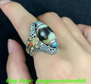 Rare tibet pure silver Inlay agate Dzi Beads gem Amulet Finger Ring ornament - Picture 1 of 12