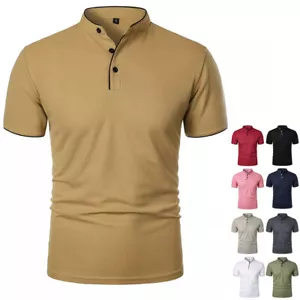 Men Grandad Collar T Shirt Fashion Casual Slim Fit T-Shirt Short Sleeve Top Tees - Picture 1 of 27