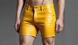 Men's Real Lamb Leather Shorts Yellow Leather 5 Pockets Shorts In 5 Colors - Picture 1 of 3