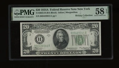 DBR 1934-A $20 FRN New York Fr. 2055-B PMG 58 EPQ Serial B88429041A - Image 1 of 2