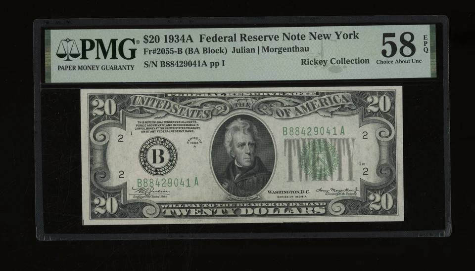 DBR 1934-A $20 FRN New York Fr. 2055-B PMG 58 EPQ Serial B88429041A - Image 1 of 2