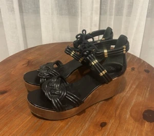 Tory Burch Audrianna Knotted Wedge Sandals Black Women’s 8.5 - Picture 1 of 7