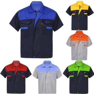 US Men's Color Block Work Shirt Short Sleeve Shop Shirt Motor Mechanic Costume