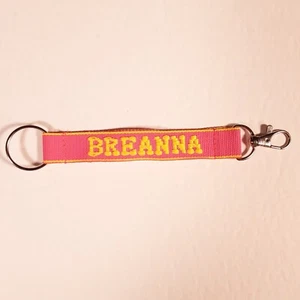 BREANNA Embroidered Name Strap Key Ring Keychain with Clasp Pink & Yellow - Picture 1 of 9