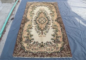Antique Afghan Rug 4x7 ft Beige Brown Vintage Floral Design Rug, Handmade Rugs - Picture 1 of 17