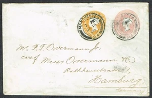1899 Postal Stationery Envelope 1 1/2d + 1d Private Order Manchester-Hamburg VGU - Picture 1 of 2
