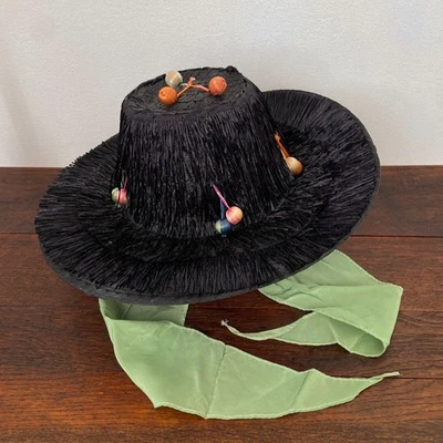 Vintage 1940s Wide Brim Hat Black Straw Sun Green Ribbon Gardening Deadstock NOS - Image 1 of 4