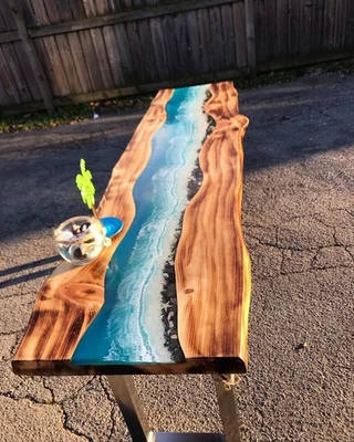 Unique Live Edge Console Epoxy Table Top | Hallway Epoxy Furniture Decor - Image 1 of 4