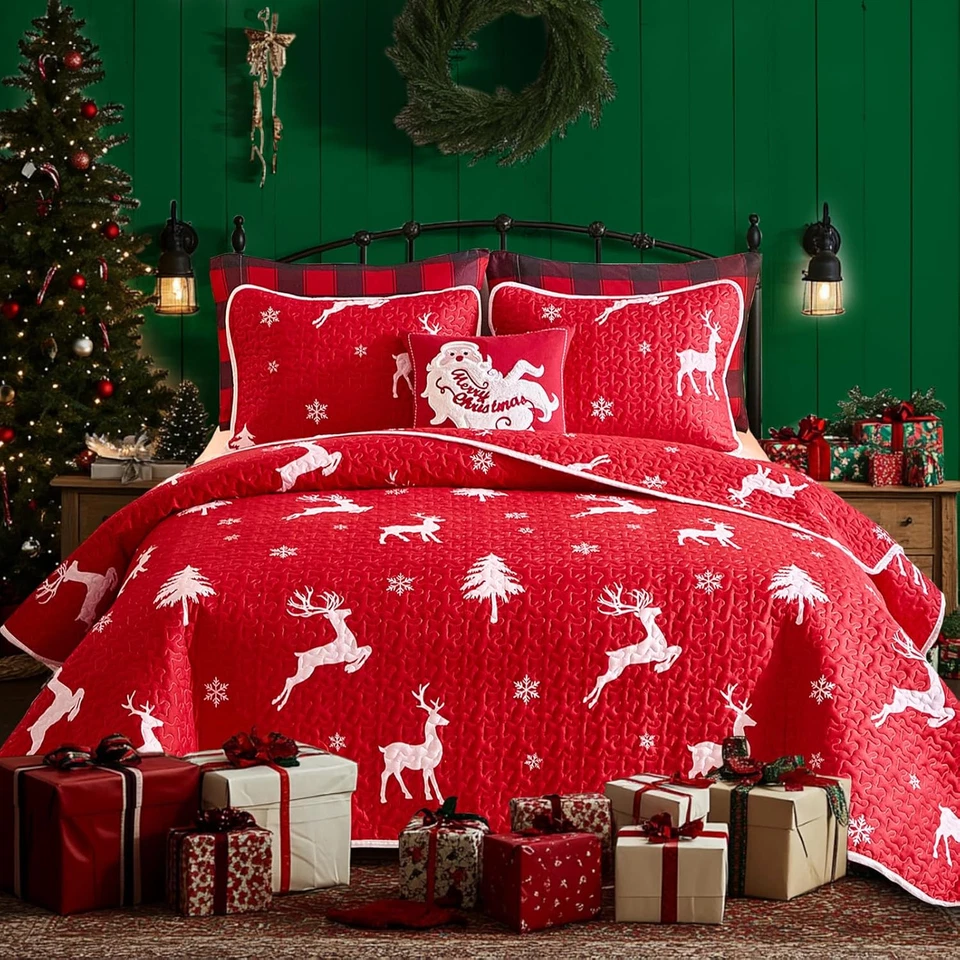 Juego de edredón Queen Navidad ciervo blanco alce copo de nieve vacaciones microfibra ropa de cama Foto 1 de 4