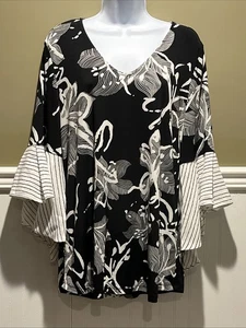 Alfani Women’s Black White Tunic Top M Bell Ruffle Sleeves Floral Striped - Picture 1 of 8