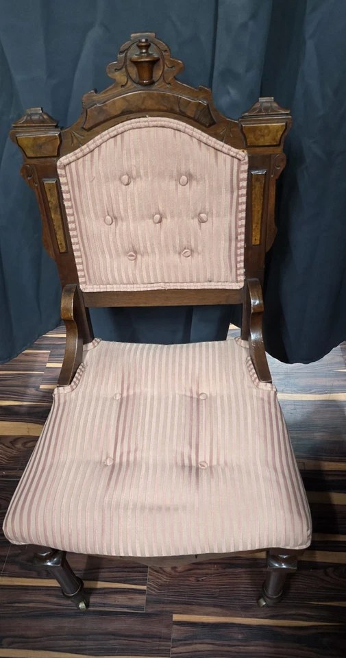 Антикварное викторианское кресло для гостиной 1800-е резьба по дереву и розовой ткани обивка вручную - Изображение 1 из 4