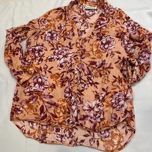 Rachel Zoe Women’s Size Lg Linen Tropical Floral Boho Resort V Neck Blouse - Picture 1 of 14