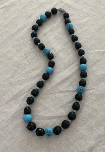 Vintage Glasperlen Kugel Türkis Blau Schwarz 22" Retro Halskette - Bild 1 von 10