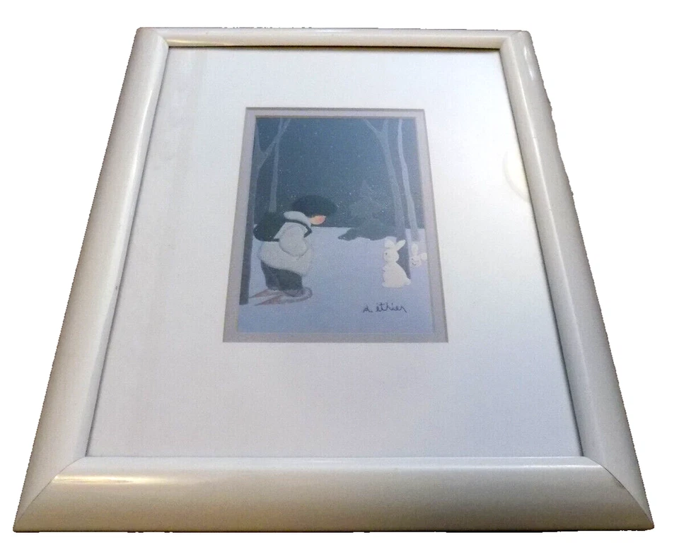 De Colección D Ethier Litografía Firmada Con Amigos Niño Zapatos para Nieve Conejito Blanco Conejos Foto 1 de 4