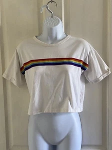 NEW LOOK T-Shirt Short White UK 6 Rainbow Chest Stripe Short Sleeve Festival - Picture 1 of 8