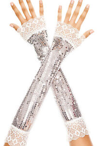 Sexy Music Legs Silver Elbow Length Sequin w Lace Trim Arm Warmers