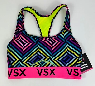 Victoria’s Secret VSX Neon Pink Multicolor Sports Bra Women’s Size S Racerback - Image 1 of 4