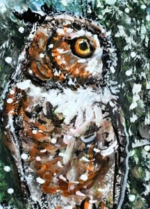 ORIGINAL ACEO PAINTING Great Horned OWL Winter BIRD Snow Animal Nature ATC ART - Picture 1 of 1