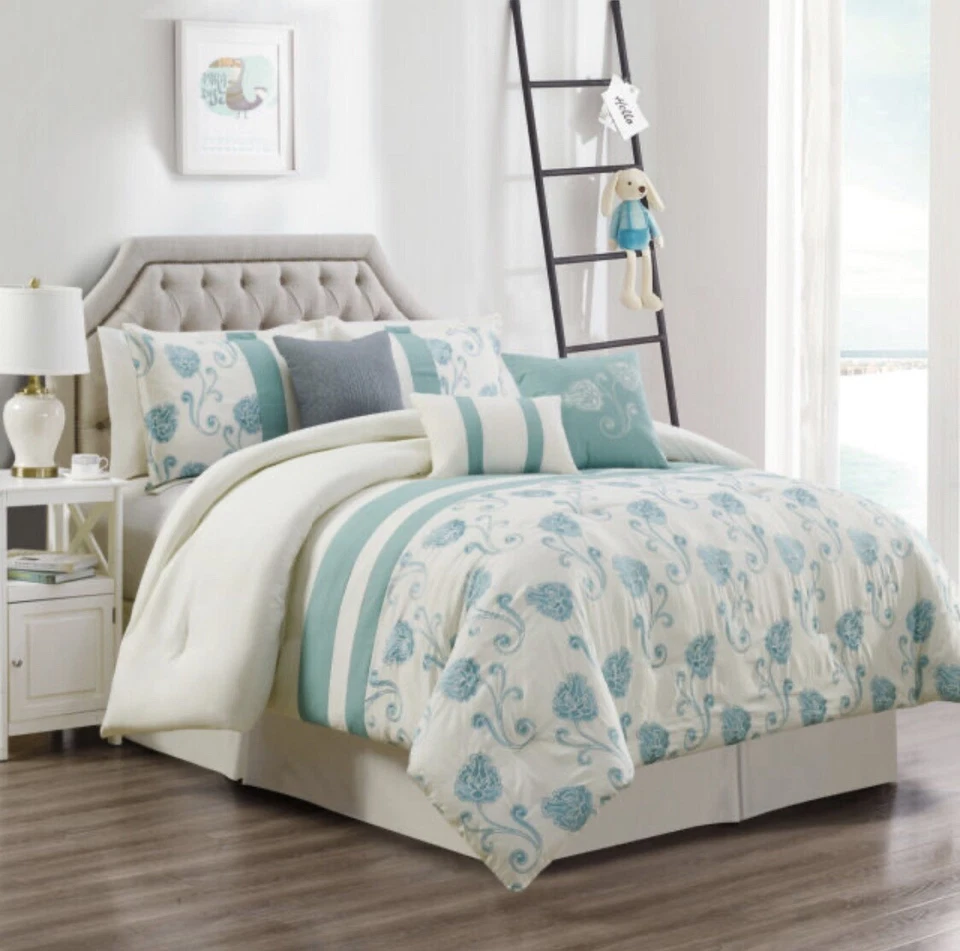 Chezmoi Collection 7-piece Ivory Teal Floral Embroidered Comforter Set - Image 1 of 1