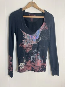 Lucky Brand Yin Yang Asian Hoodie Sweatshirt Top Womens XS X-small Blue pullover - Picture 1 of 4