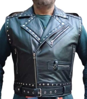 Men's Real Leather Bikers Vest Zip Up Front Decorative Studded Bikers Vest - Image 1 of 4