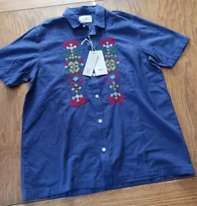 Folk Embroidered Linen Button Up Short Sleeve Shirt Inca Aztec NWT Navy Sz L - Picture 1 of 8
