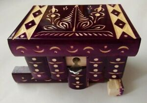 New purple wooden wizard jewelry magic puzzle box brain teaser hidden storage
