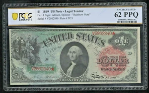US 1869 $1 Washington Rainbow Legal Tender FR 18 PCGS 62 PPQ CU (840) - Picture 1 of 2